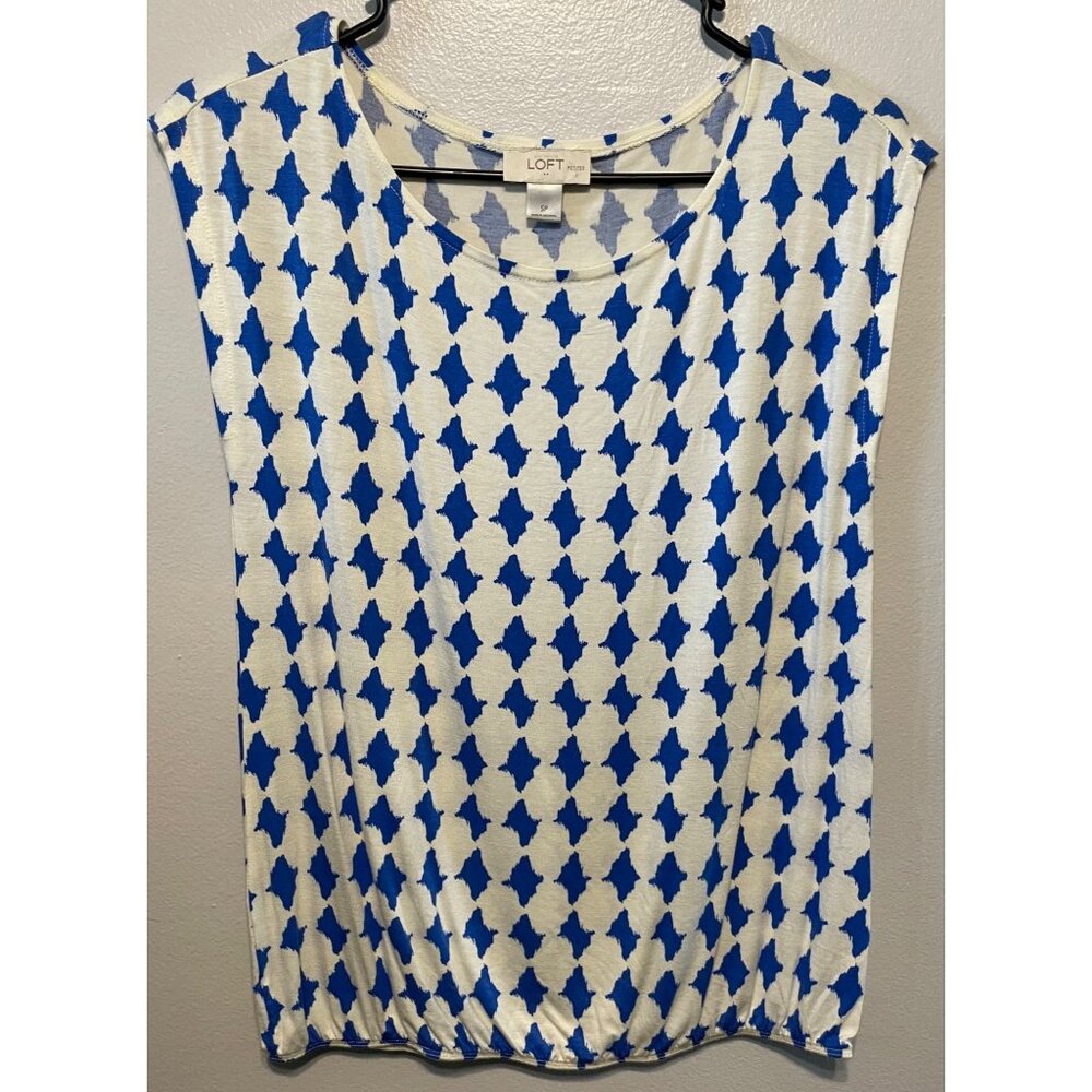 LOFT Petites Blue & White Geometric Print Sleeveless Blouse SP